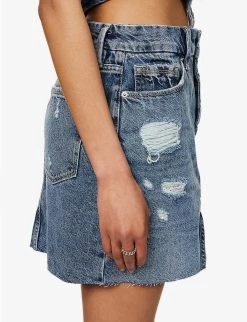 GOOD AMERICAN Distressed Notched-hem Recycled-denim Mini Skirt -Mode Charm Shop R04166609 INDIGO496 ALT05