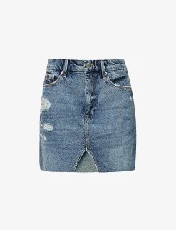 GOOD AMERICAN Distressed Notched-hem Recycled-denim Mini Skirt