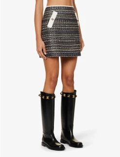 Valentino Rockstud-embellished Metallic-weave Woven Mini Skirt -Mode Charm Shop R04169683 NAVYGOLDAVORIO ALT02
