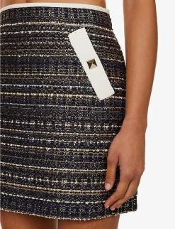 Valentino Rockstud-embellished Metallic-weave Woven Mini Skirt -Mode Charm Shop R04169683 NAVYGOLDAVORIO ALT04