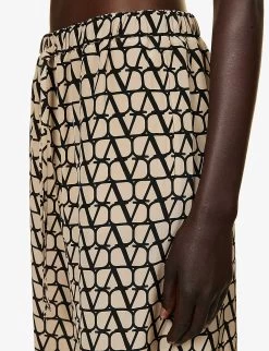 Valentino Monogram-print Straight-leg Silk Trousers -Mode Charm Shop R04169684 BEIGENERO ALT04