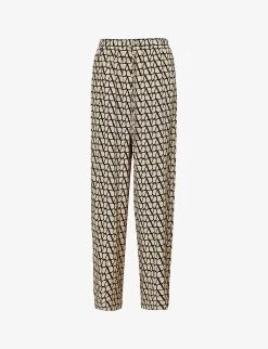 Valentino Monogram-print Straight-leg Silk Trousers