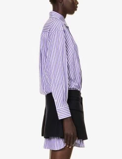 Sacai Skirt-overlay Striped Cotton-poplin Mini Dress -Mode Charm Shop R04180384 PURPLESTRIPENAVY ALT02