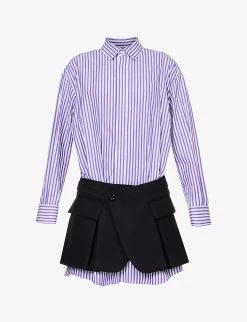 Sacai Skirt-overlay Striped Cotton-poplin Mini Dress