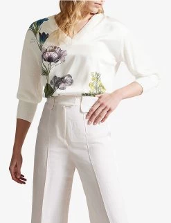 Ted Baker Raili V-neck Floral-print Woven Sweater -Mode Charm Shop R04181236 WHITE ALT02