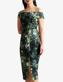 Ted Baker Divena Bardot Floral-print Stretch-woven Midi Dress 8 Ted Baker Divena Bardot Floral-print Stretch-woven Midi Dress -Mode Charm Shop R04181247 DKGREEN ALT02