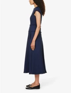 ME AND EM Cap-sleeves Tasselled-trims Cotton-blend Midi Dress -Mode Charm Shop R04181892 BRIGHTNAVY ALT02