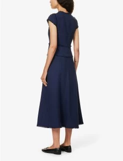 ME AND EM Cap-sleeves Tasselled-trims Cotton-blend Midi Dress -Mode Charm Shop R04181892 BRIGHTNAVY ALT03