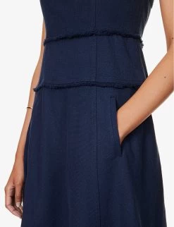 ME AND EM Cap-sleeves Tasselled-trims Cotton-blend Midi Dress -Mode Charm Shop R04181892 BRIGHTNAVY ALT04