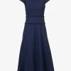 ME AND EM Cap-sleeves Tasselled-trims Cotton-blend Midi Dress -Mode Charm Shop R04181892 BRIGHTNAVY M