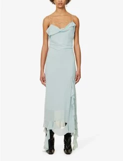 Acne Studios Delouise Semi-sheer Asymmetric Chiffon Maxi Dress -Mode Charm Shop R04184365 CARIBBEANBLUE ALT02