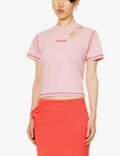 Logo-embroidered Cut-out Organic-cotton T-shirt -Mode Charm Shop R04187985 PINK ALT02