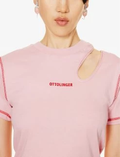 Logo-embroidered Cut-out Organic-cotton T-shirt -Mode Charm Shop R04187985 PINK ALT04