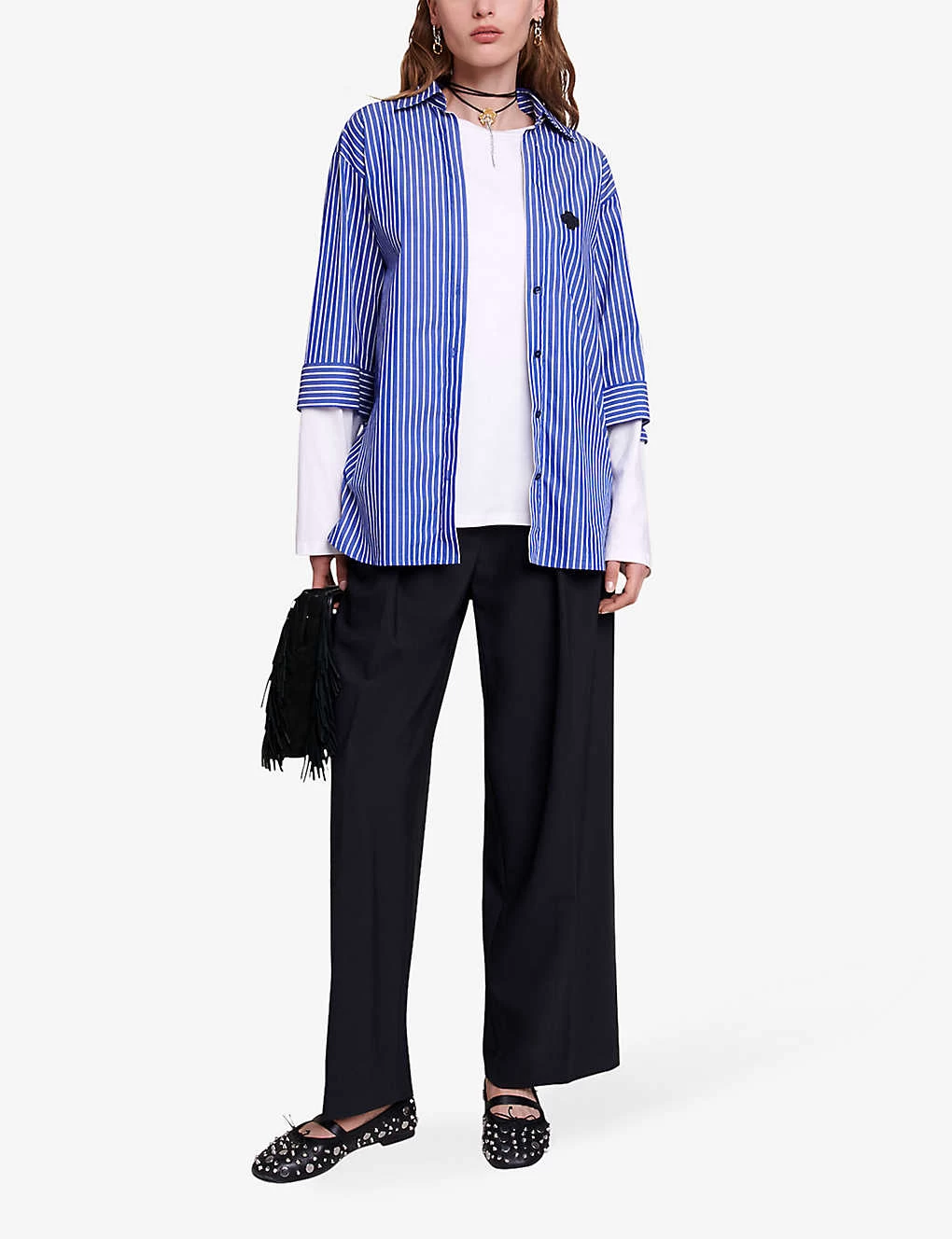 Maje Liago Logo-embroidered Stripe-pattern Layered Cotton T-shirt Shirt 4 Maje Liago Logo-embroidered Stripe-pattern Layered Cotton T-shirt Shirt - Image 2