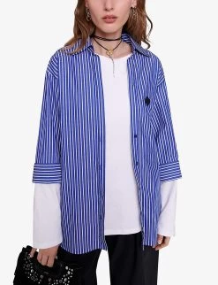 Maje Liago Logo-embroidered Stripe-pattern Layered Cotton T-shirt Shirt 9 Maje Liago Logo-embroidered Stripe-pattern Layered Cotton T-shirt Shirt -Mode Charm Shop R04190456 BLEUS ALT02