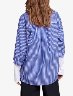 Maje Liago Logo-embroidered Stripe-pattern Layered Cotton T-shirt Shirt 10 Maje Liago Logo-embroidered Stripe-pattern Layered Cotton T-shirt Shirt -Mode Charm Shop R04190456 BLEUS ALT03