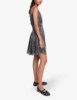 Maje Runela Braided-strap Smocked-waist Woven Mini Dress -Mode Charm Shop R04190847 NOIRGRIS ALT02