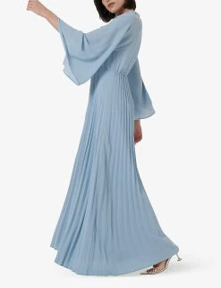 Tie-neck Pleated-skirt Crepe Maxi Dress -Mode Charm Shop R04193999 LIGHTBLUE ALT02
