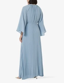 Tie-neck Pleated-skirt Crepe Maxi Dress -Mode Charm Shop R04193999 LIGHTBLUE ALT03