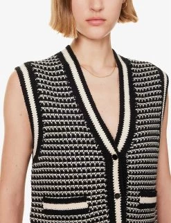 ME AND EM Sleeveless Jacquard-knit Cotton-blend Vest -Mode Charm Shop R04194881 BLACKCREAM ALT04