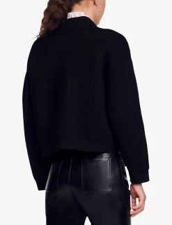 Sandro Marcel Button-embellished Stretch-knit Cropped Cardigan -Mode Charm Shop R04197694 NOIRGRIS ALT03