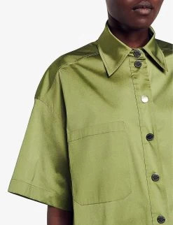 Sandro Cacao Short-sleeve Relaxed-fit Stretch-woven Shirt -Mode Charm Shop R04197696 VERTS ALT04