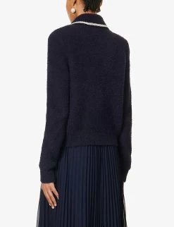 SELF PORTRAIT Contrast-trim Patch-pocket Knitted Cardigan -Mode Charm Shop R04198080 NAVY ALT03