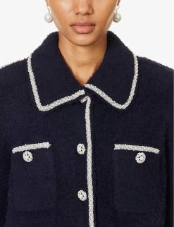 SELF PORTRAIT Contrast-trim Patch-pocket Knitted Cardigan -Mode Charm Shop R04198080 NAVY ALT04