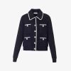 SELF PORTRAIT Contrast-trim Patch-pocket Knitted Cardigan -Mode Charm Shop R04198080 NAVY M
