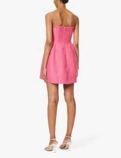Baret Strapless Linen-blend Mini Dress -Mode Charm Shop R04204007 HOTPINK ALT03