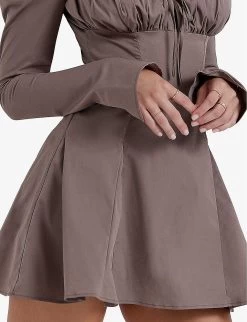 Carlina Long-sleeve Stretch Cotton-blend Mini Dress -Mode Charm Shop R04204263 MOCHA ALT04