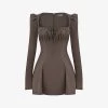 Carlina Long-sleeve Stretch Cotton-blend Mini Dress -Mode Charm Shop R04204263 MOCHA M